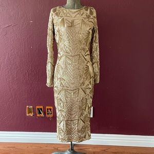 ELEGANT Low Back Sequin Sparkly Geometric 20s Nude Gold Bodycon Mesh Long Sleeve